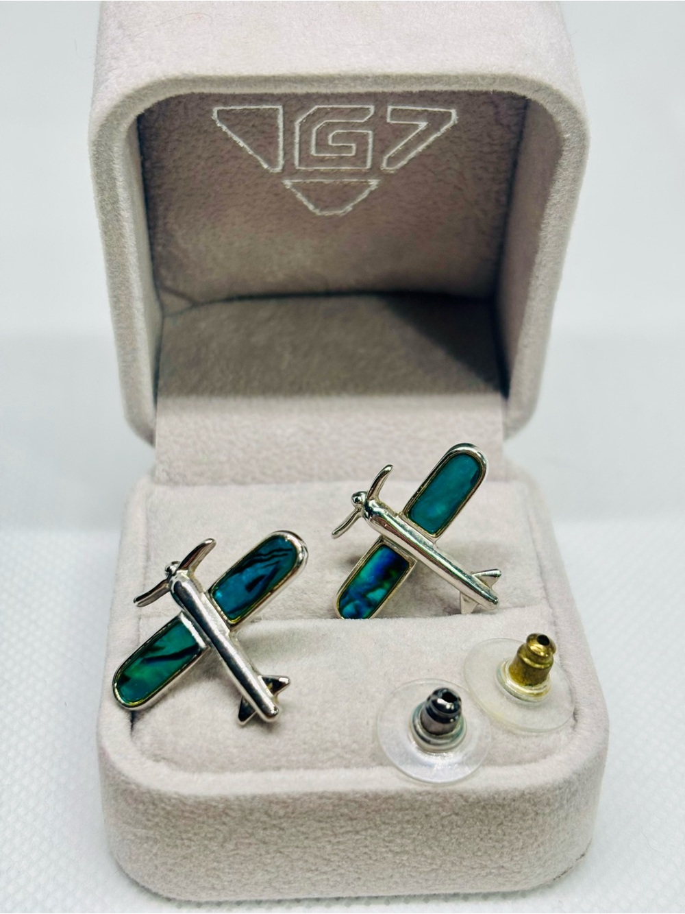 Airplane Stud Earrings with Blue-Green Abalone Inlay
